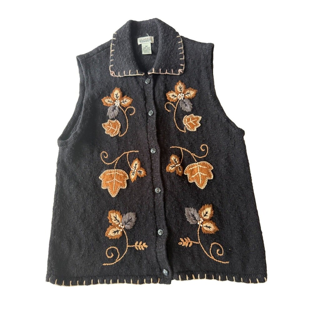Classic Elements Black  Fall Leaves  Sweater Vest Granny Cottagecore Sz Med